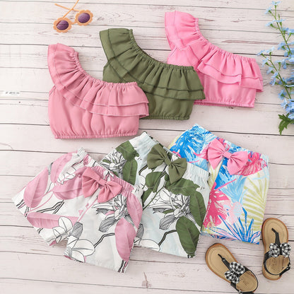Cotton Solid Color Slanted Collar Top and Shorts Set