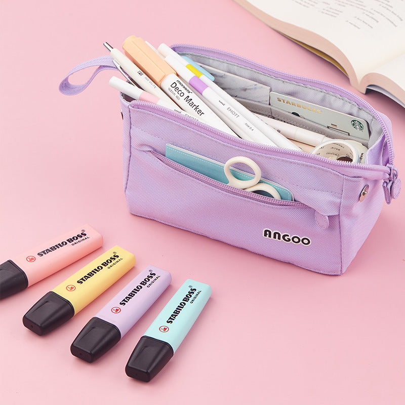 Portable Open Solid Color Canvas Pencil Case