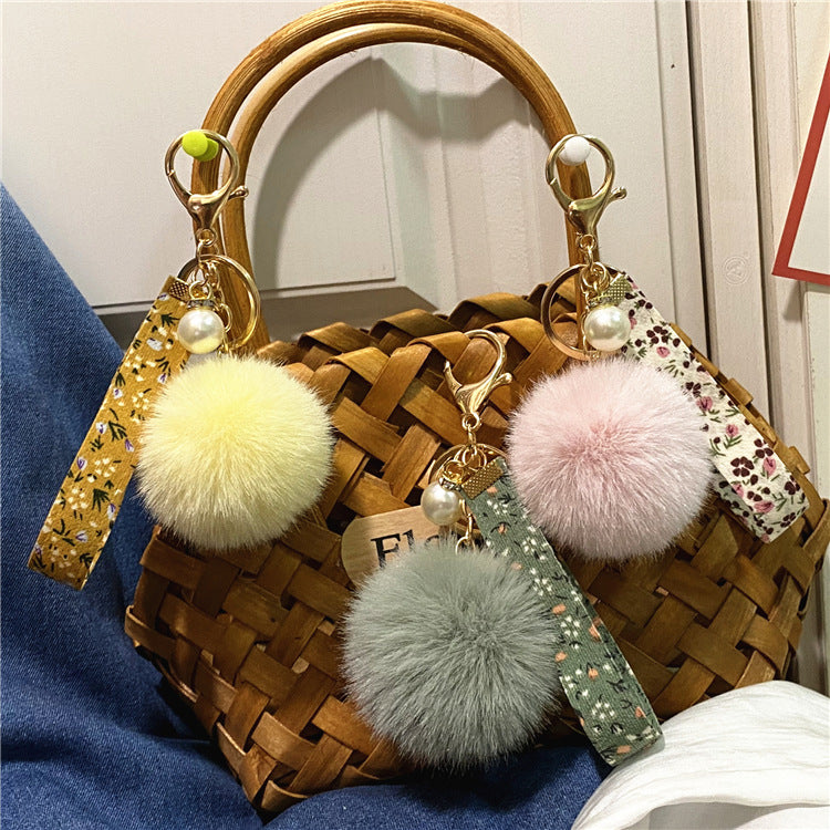 Plush Floral Ribbon Pom Keychain