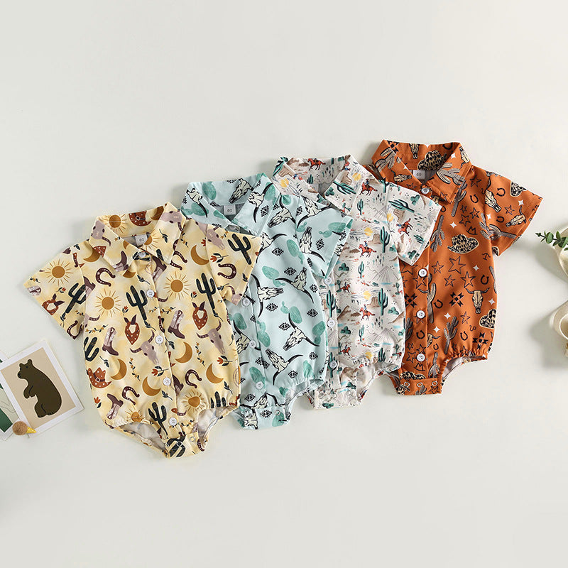 Cotton Boys Shirt Aztec Western Style Denim Cactus Jumpsuit