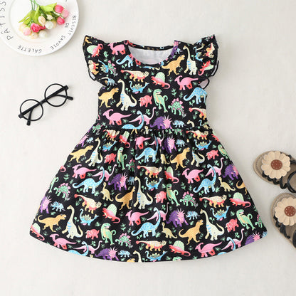 Girls Colorful Dinosaur Cotton Princess Dress Baby Clothes