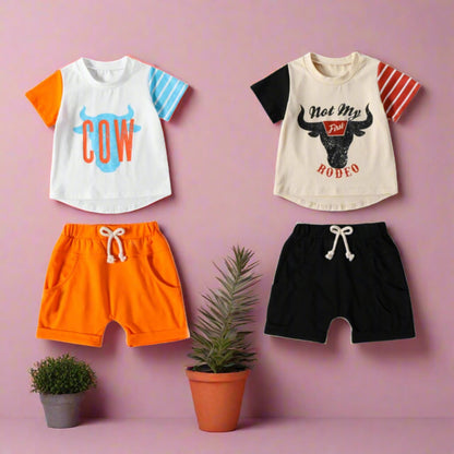 Cotton Western Patchwork Color T-shirt and Shorts Set