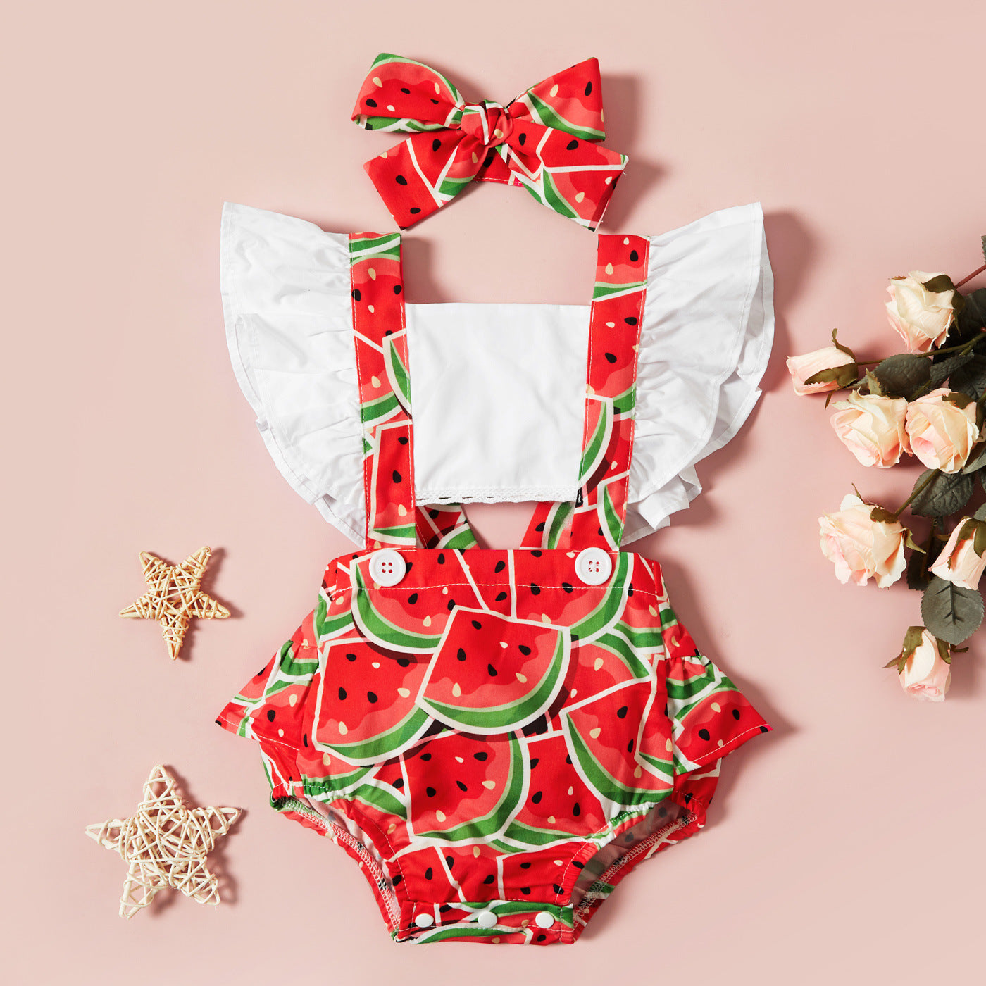 Watermelon strawberry printed baby backless lace up climbing suit two piece set