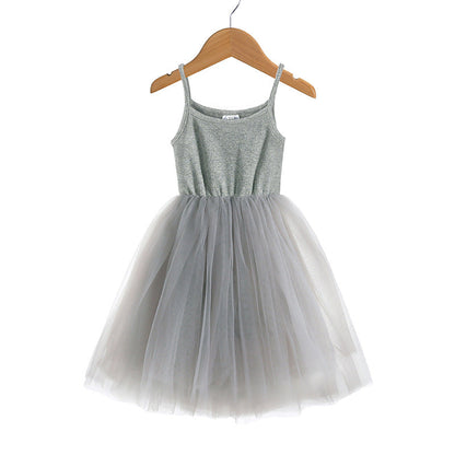 Girls Suspenders Rib Splicing Mesh Princess Dress