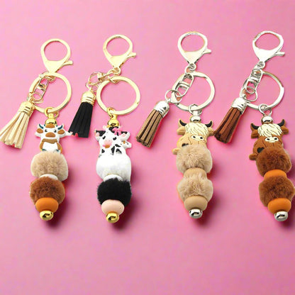 Cartoon Cow Hair Ball Silicone Beaded Keychain