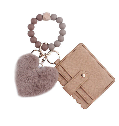 Heart Shape Fur Ball Card Holder Silicone Beaded