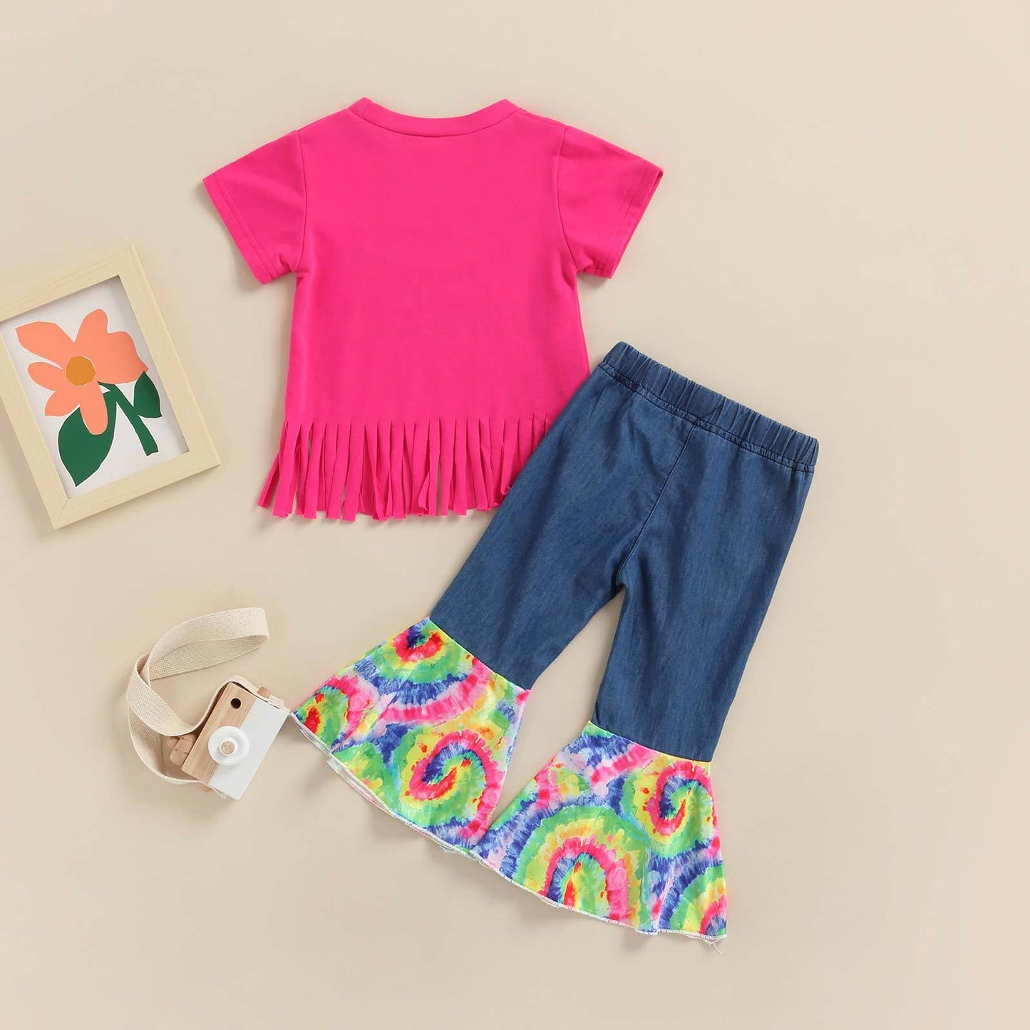 Ripped Patchwork Tie-dye Denim Flared Pants Two-piece Set