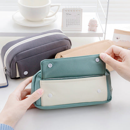 Leather Solid Color Large Capacity Pencil Case