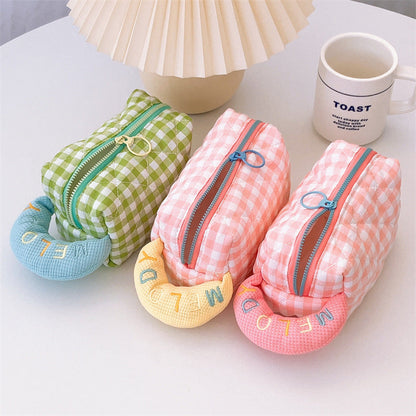 Plaid Cotton Embroidered Pencil Case