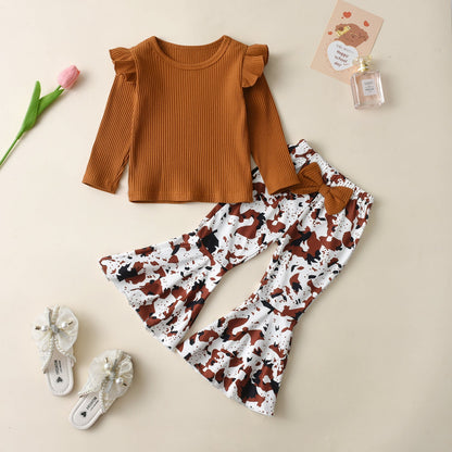 Wholesale Cotton Children's Tops Leopard Print Flared Pants Set