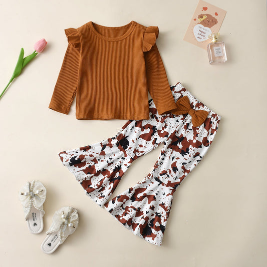 Wholesale Cotton Children's Tops Leopard Print Flared Pants Set