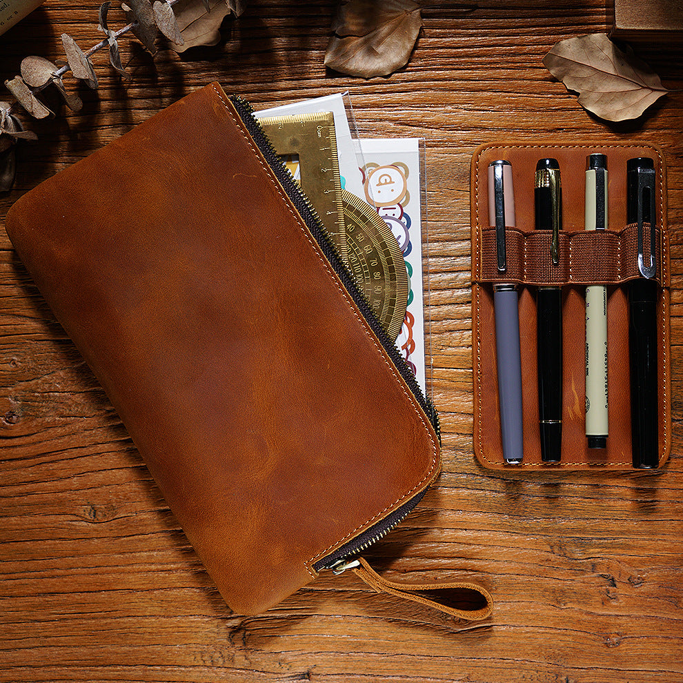 Cowhide Zipper Crazy Horse Leather Multi-functional Zipper Pencil Case
