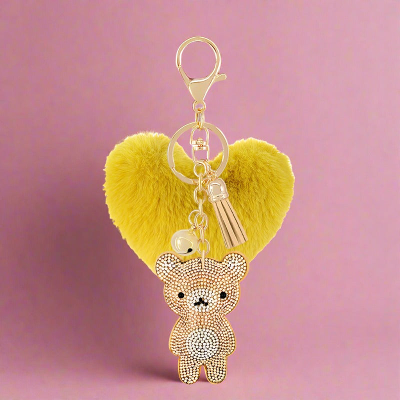 Diamond Velvet Peach Heart Fur Ball Bear Key