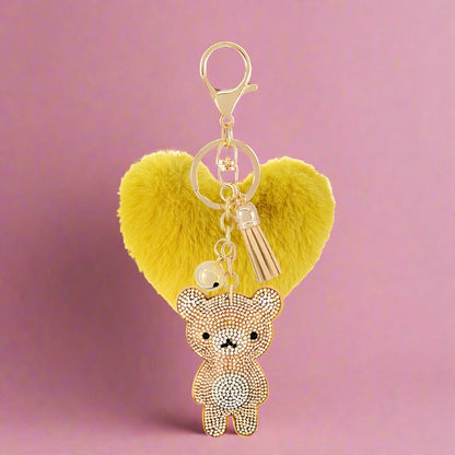 Diamond Velvet Peach Heart Fur Ball Bear Key