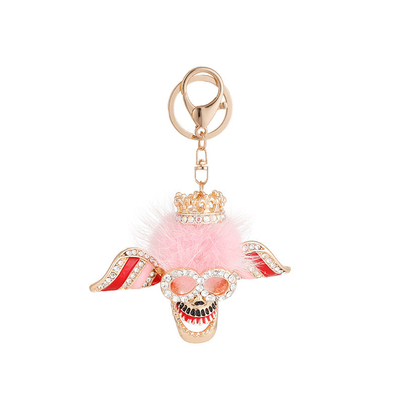 Diamond Inlaid Plush Skull Metal Keychain
