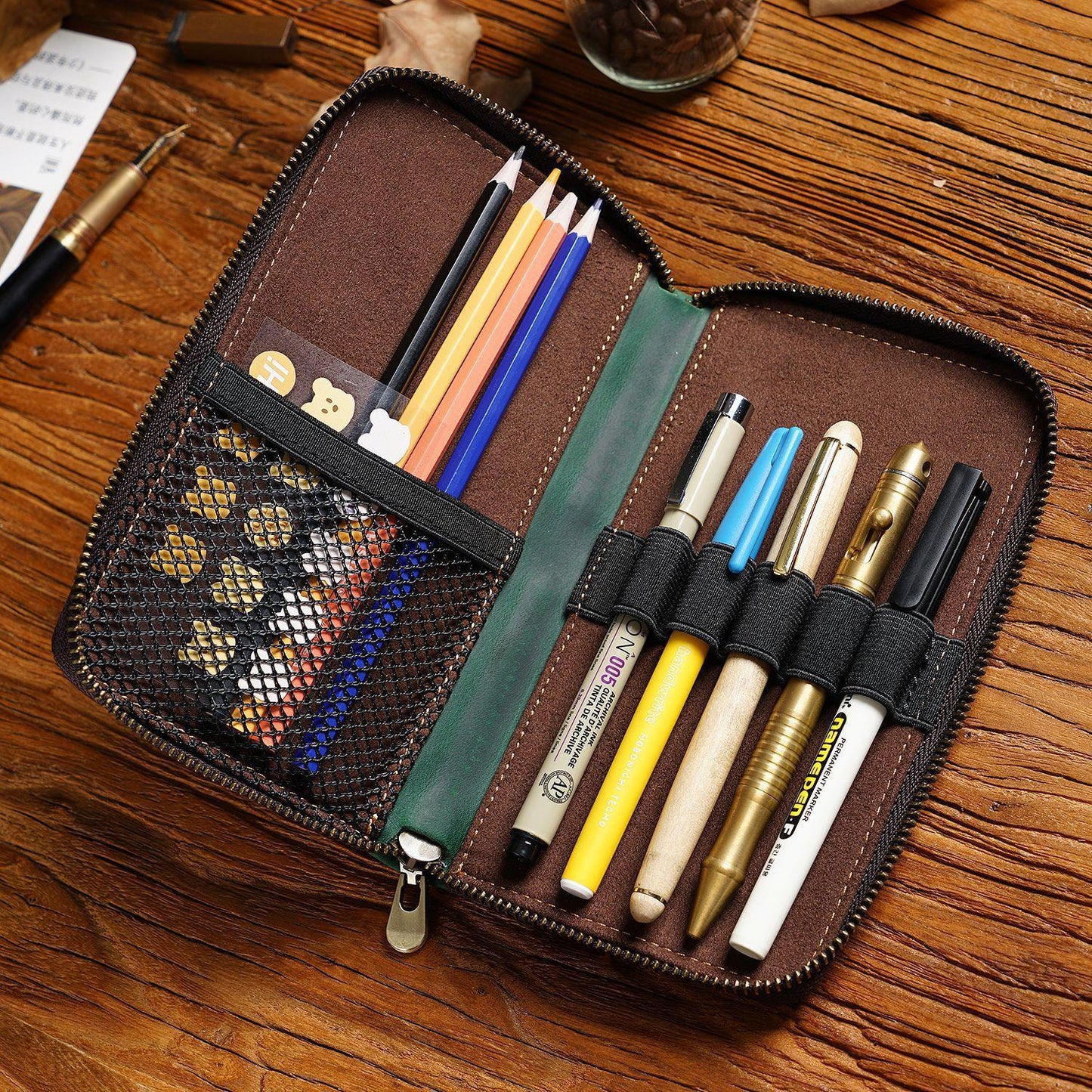First Layer Cowhide Vintage Zipper Pen Storage Bag