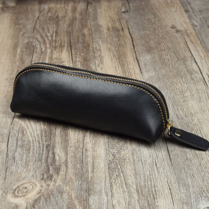 Vintage Minimalist Cowhide Zippered Pencil Case