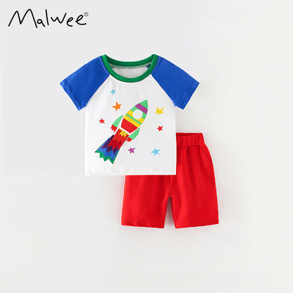 Boy's cartoon cotton trousers short sleeves two overalls