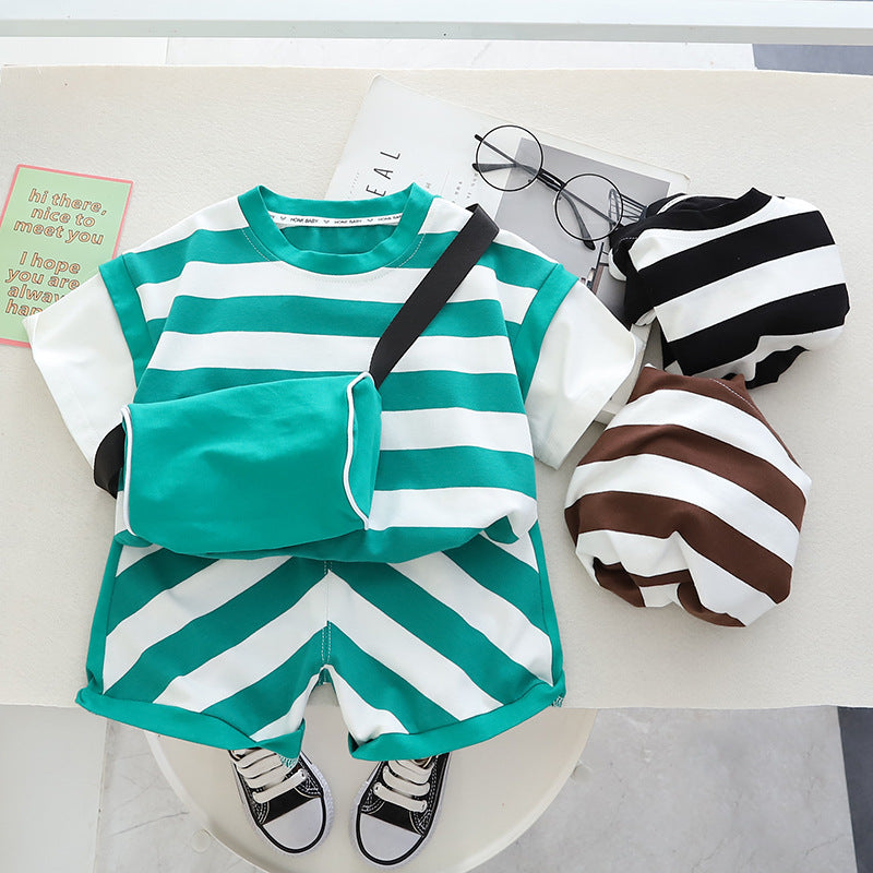 Boys Summer Short Sleeved Shorts Shoulder Bag Cotton Set