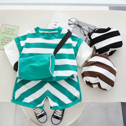 Boys Summer Short Sleeved Shorts Shoulder Bag Cotton Set