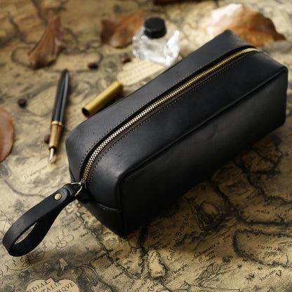 Header Cowhide Square Retro Mad Horse Leather Zipper Pens