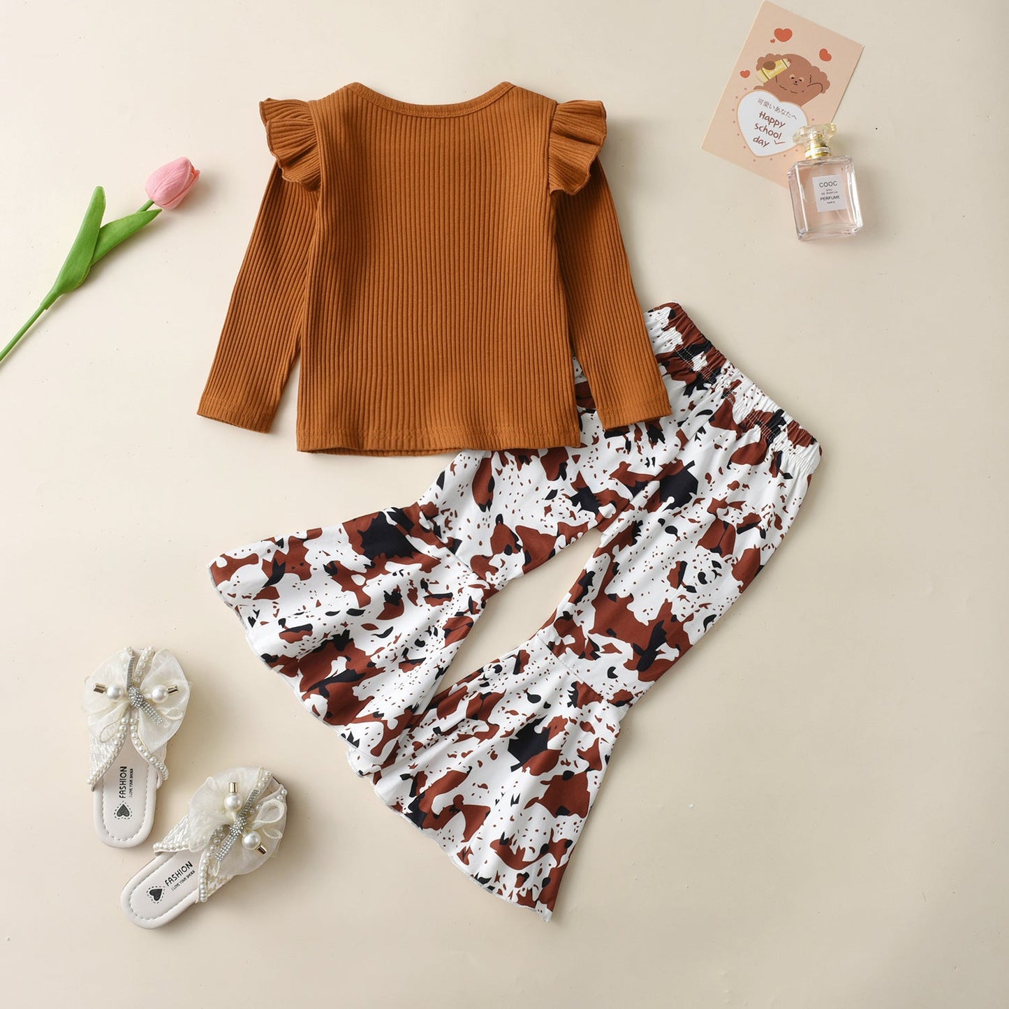 Wholesale Cotton Children's Tops Leopard Print Flared Pants Set