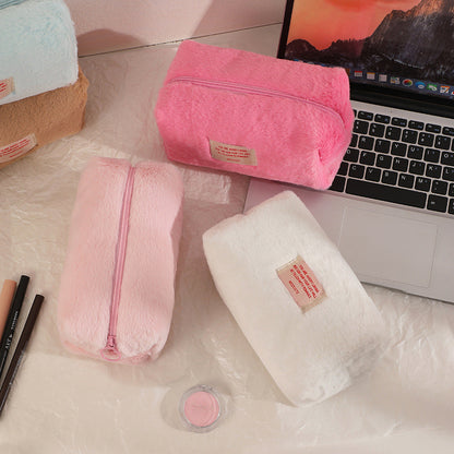 Girls Plush Solid Color Makeup Bag Large Capacity Stationery Storage Bag
