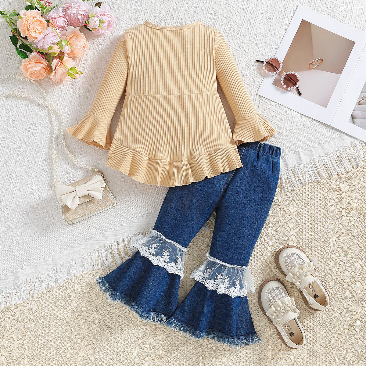 Wholesale Polyester Tops Children's Long Sleeve Denim Bell Bottoms Two Piece Set