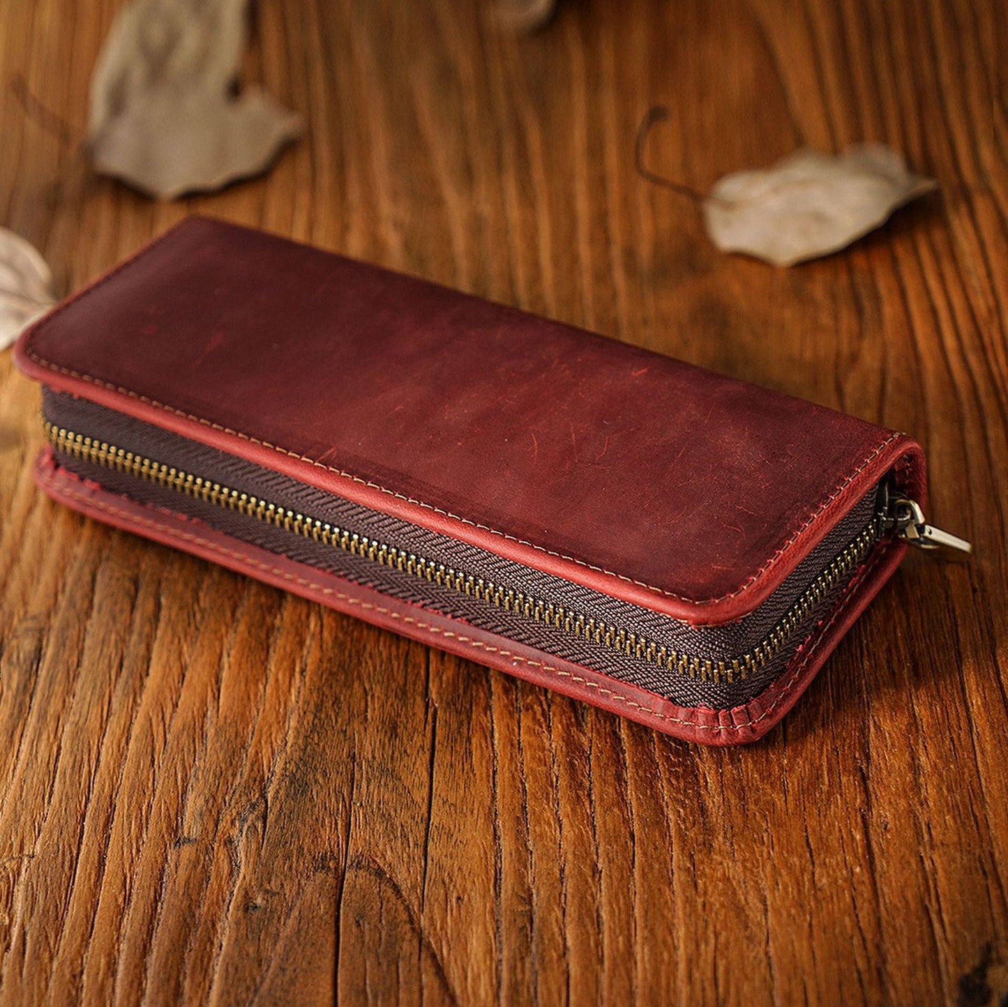 First Layer Cowhide Retro Square Men's Zipper Pencil Case