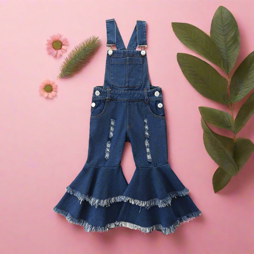 Polyester Children's Fashion Suspender Denim Flare Pants