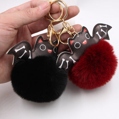 Halloween PU Leather Bat Fur Ball Keychain