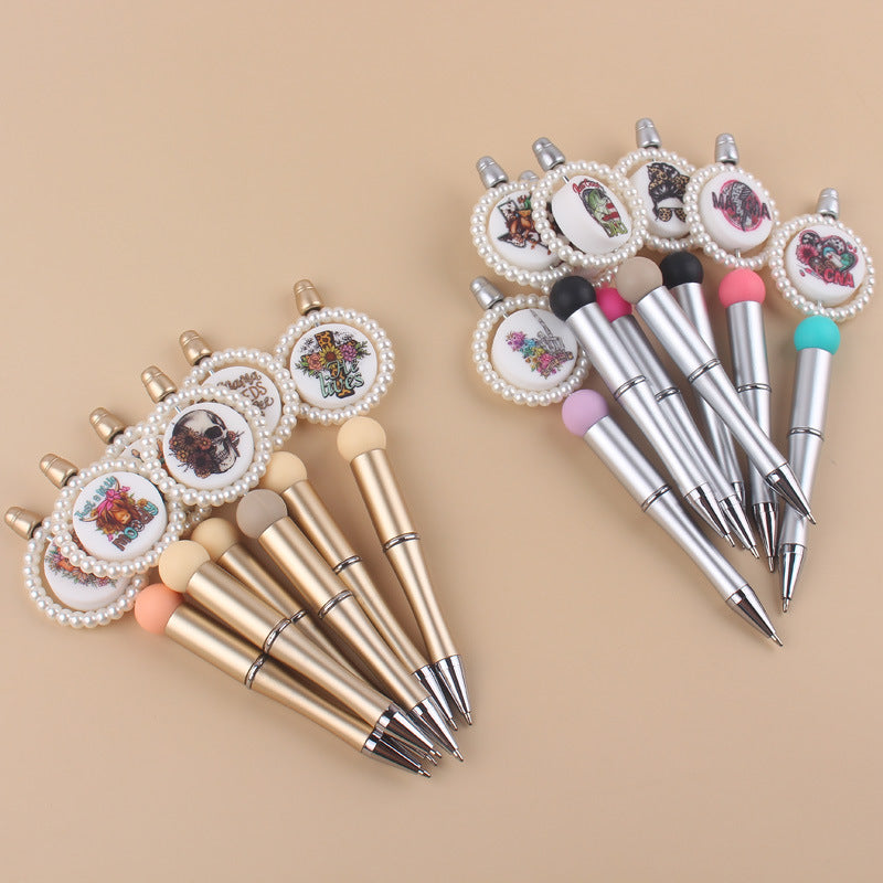Cartoon Round Print Beaded Gold Silver Plastic Ballpoint
