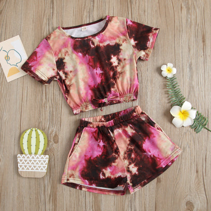 Tie Dye Round Neck Tape Top+Short Shorts Baby Clothes