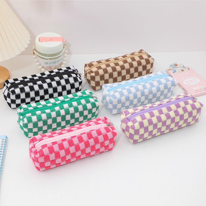Plush Knitted Wool Checkerboard Pencil Case