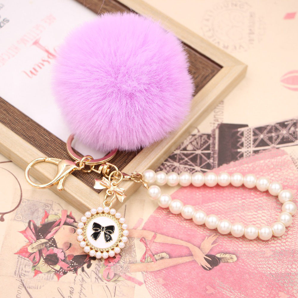 Imitation Rex Rabbit Fur Ball Pearl Chain Bow