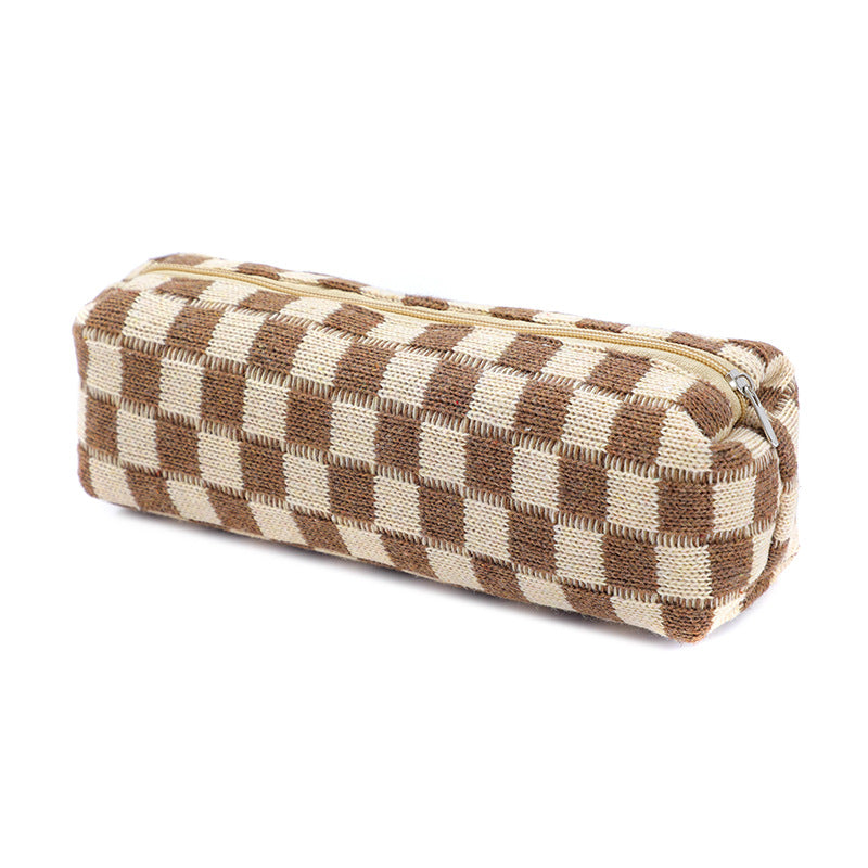Plush Knitted Wool Checkerboard Pencil Case
