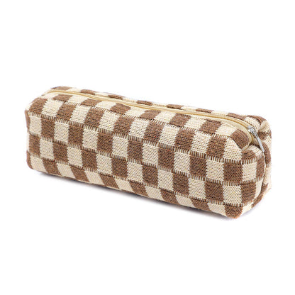Plush Knitted Wool Checkerboard Pencil Case