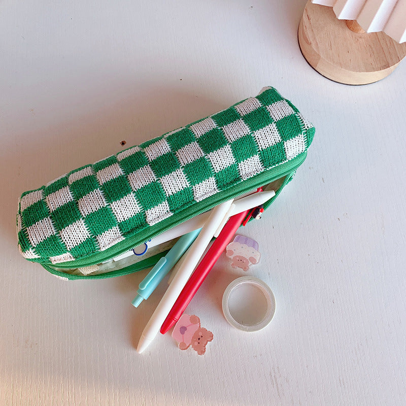 Checkerboard Knitted Large Capacity Wool Pencil Bag
