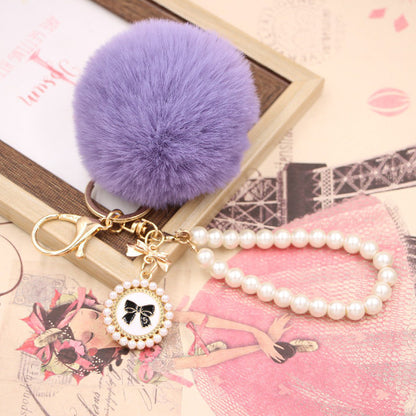 Imitation Rex Rabbit Fur Ball Pearl Chain Bow