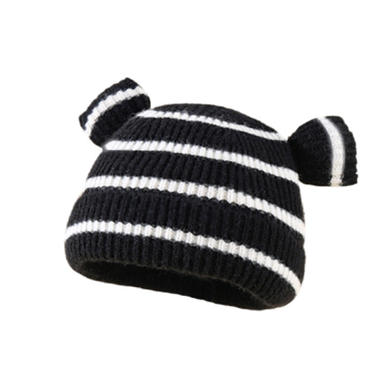 Wholesale Bear Ears Knitted Plush Children's Striped Contrast Color Autumn and Acrylic Winter Hats 10PCS