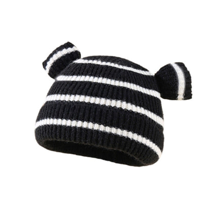Wholesale Bear Ears Knitted Plush Children's Striped Contrast Color Autumn and Acrylic Winter Hats 10PCS