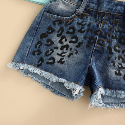 Cotton Rainbow Butterfly Print Tank Top Denim Shorts Girls Set