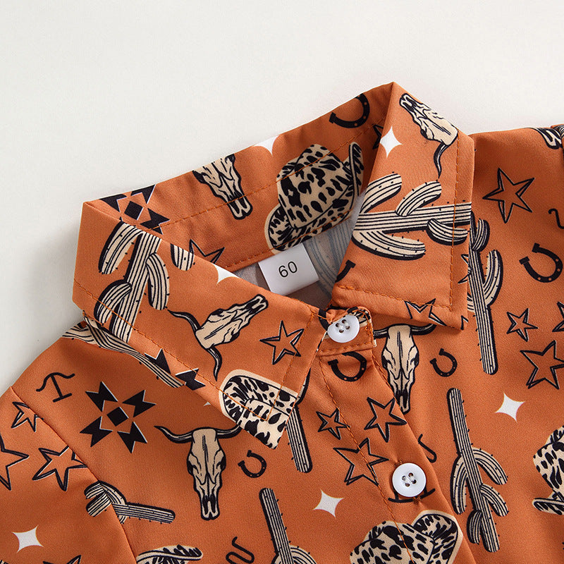 Cotton Boys Shirt Aztec Western Style Denim Cactus Jumpsuit