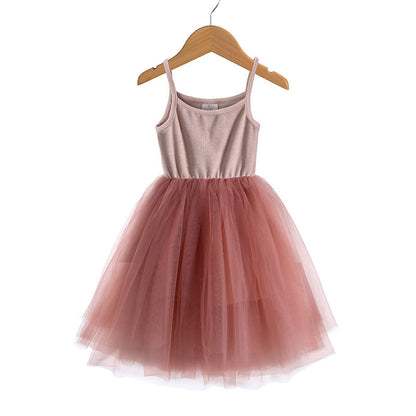 Girls Suspenders Rib Splicing Mesh Princess Dress