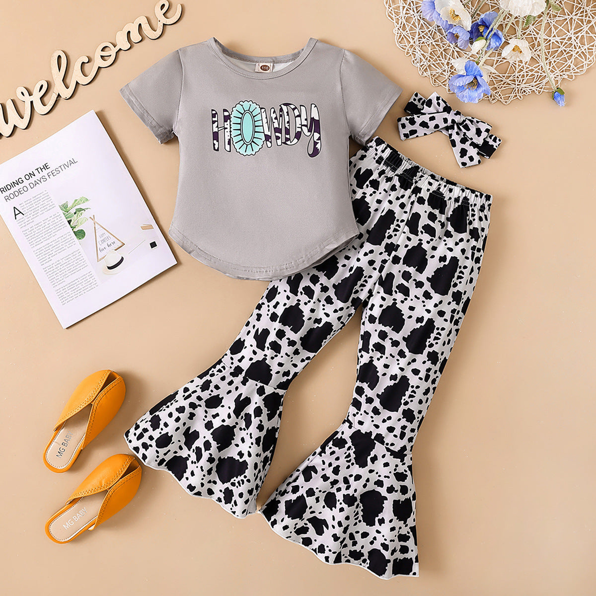 Polyester Tops Flare Pants Two Piece Children's Clothing Set