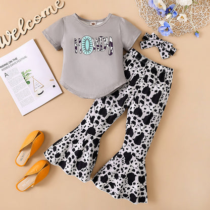 Polyester Tops Flare Pants Two Piece Children's Clothing Set