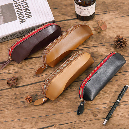 Cowhide Solid Color Zipper Stationery Bag Pencil Case Large Capacity