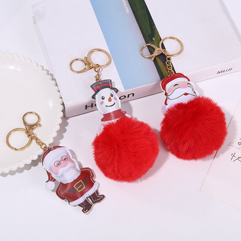 Christmas Leather Elk Santa Claus Fur Ball Keychain