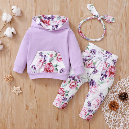 Wholesale Autumn and Winter Cotton Floral Print Hoodie Long Sleeve Hoodie Trousers Three-piece Set