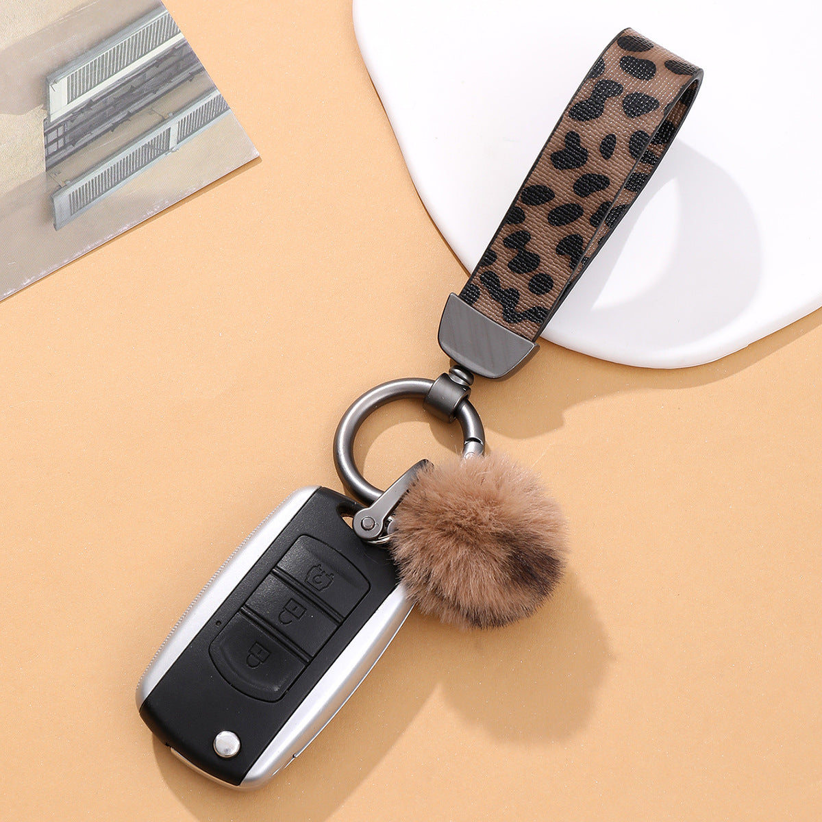 Leopard Print Fur Ball Leather Keychain